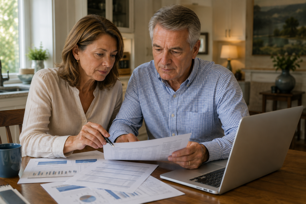 Couple reviewing documents at home.